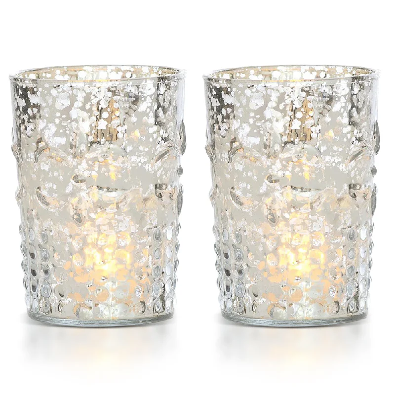 High lumen Edison light bulbs2-PACK | Vintage Mercury Glass Candle Holder (4-Inch, Fleur Design, Flower Motif, Silver) - For Home Decor, Party Decorations, and Wedding Centerpieces