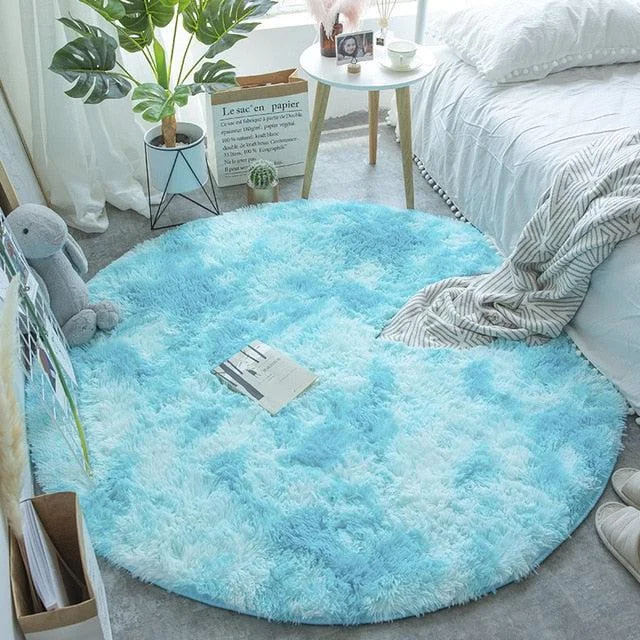 Frosted glass Edison light bulbsTie Dye Rainbow Faux Fur Rug