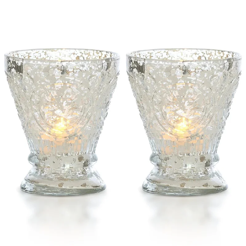 E26 Edison light bulbs with warm glow2-PACK | Vintage Mercury Glass Candle Holder (4-Inch, Rosemary Design, Silver) - For Use with Tea Lights - For Home Decor, Parties, and Wedding Decorations