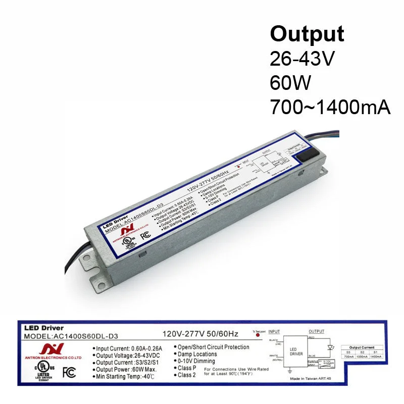 Track lighting with adjustable armsANTRON AC1400S60DL-D3 Constant Current LED Driver with Selectable Output Current 700-1050-1400mA 26-43V 60W