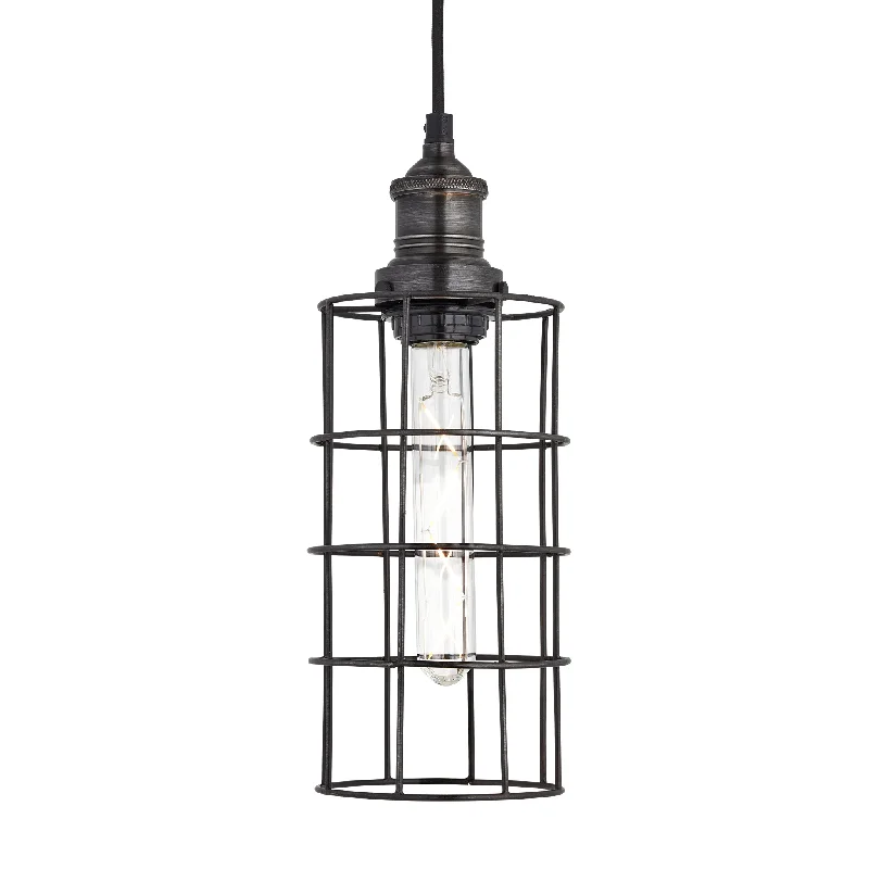 Filament style LED Edison light bulbsBrooklyn Wire Cage Pendant - 5 Inch - Pewter - Cylinder