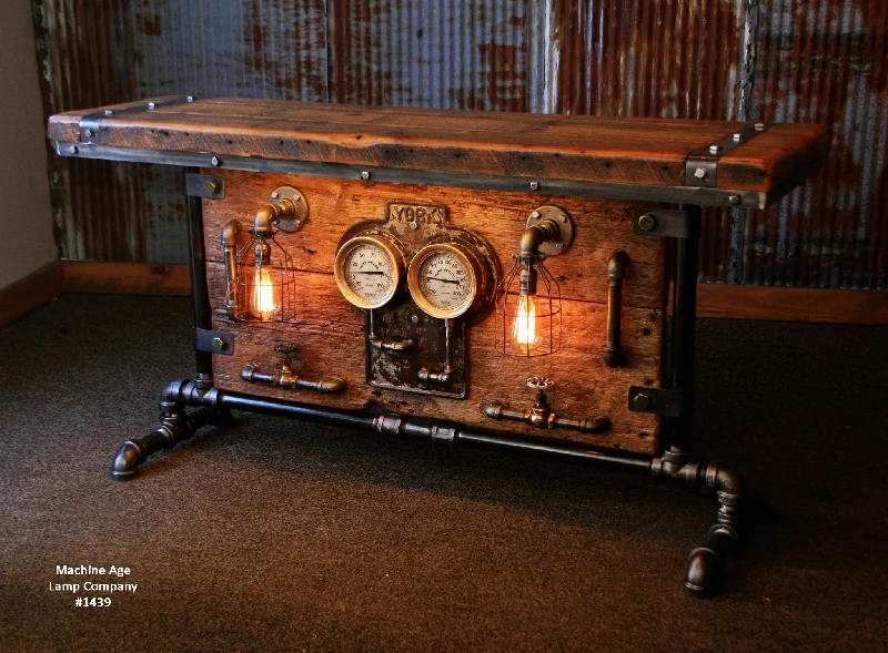 Industrial Lighting for Metal Fabrication ShopsSteampunk Industrial / Table / Barn wood / Steam Gauge / York #1439 - SOLD