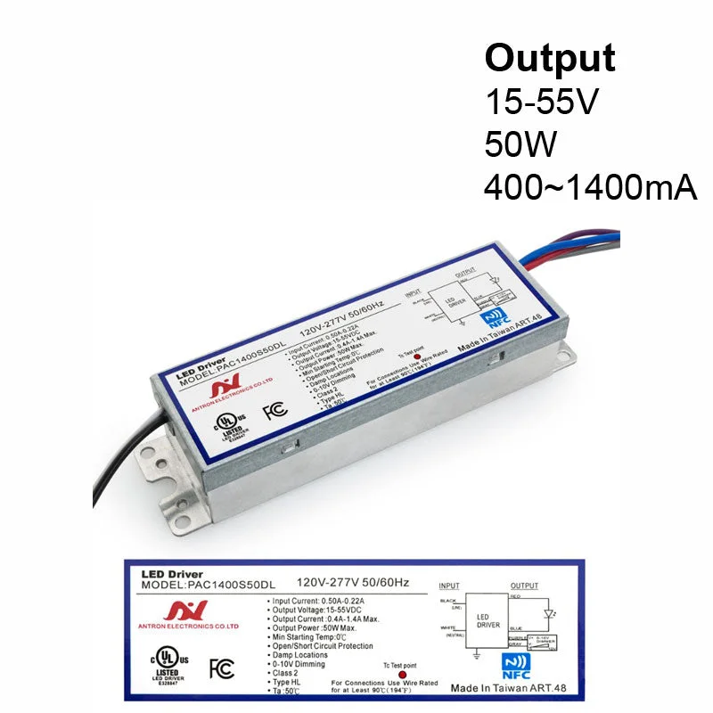 Modern track lighting with LED bulbsANTRON PAC1400S50DL Constant Current Programmable LED Driver with Custom Output Current 400-1400mA 15-55V 50W max