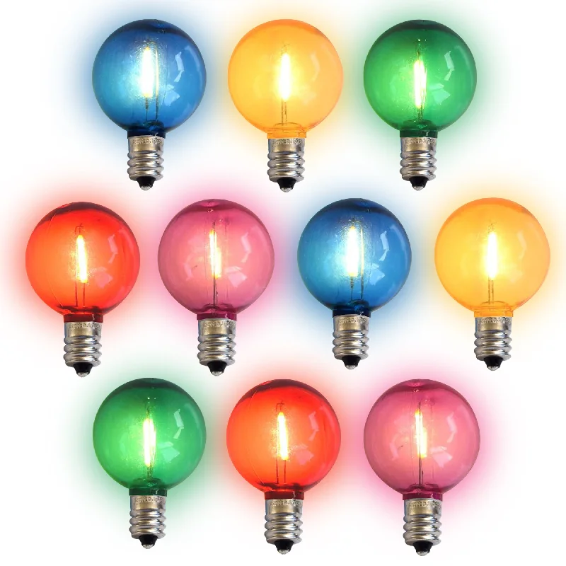 Outdoor rated Edison light bulbs10-PACK Multi-Color LED Filament G40 Globe Shatterproof Energy Saving Color Light Bulb, Dimmable, 1W,  E12 Candelabra Base