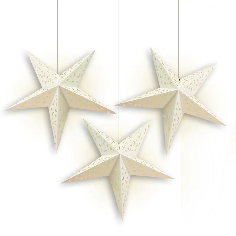 Modern Edison light bulbs with advanced filaments3-PACK White Moon and Stars 24" Illuminated Paper Star Lanterns Hanging Decorations