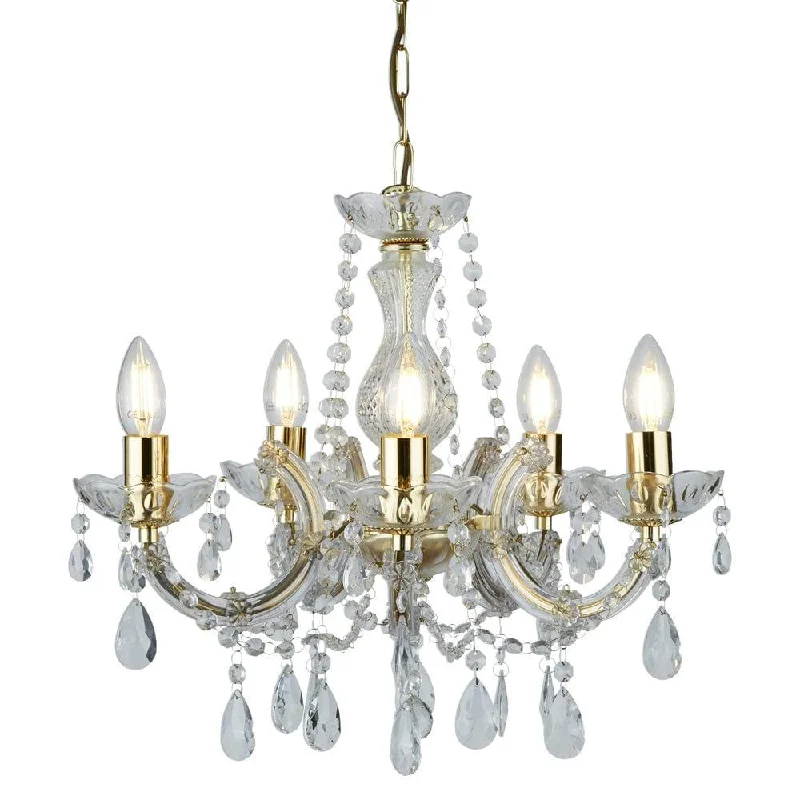 Chandeliers with Metal Frames in Black FinishMarie Therese 5 Light Chandelier Polished Brass/Crystal Glass