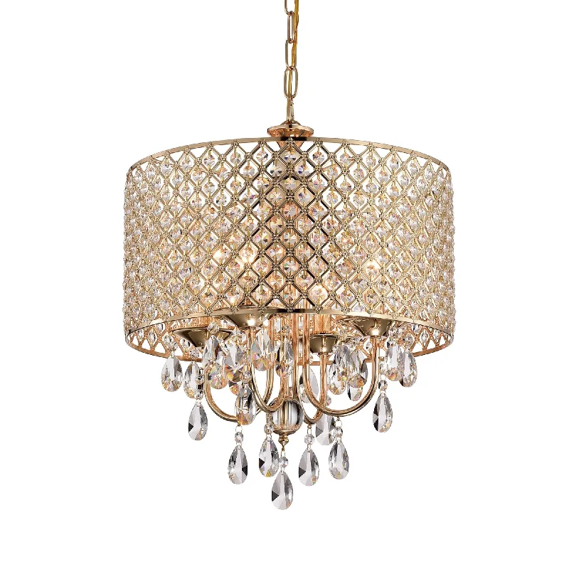 Chandeliers with Metal Frames in Gold FinishRound Beaded Drum Chandelier with Hanging Crystals