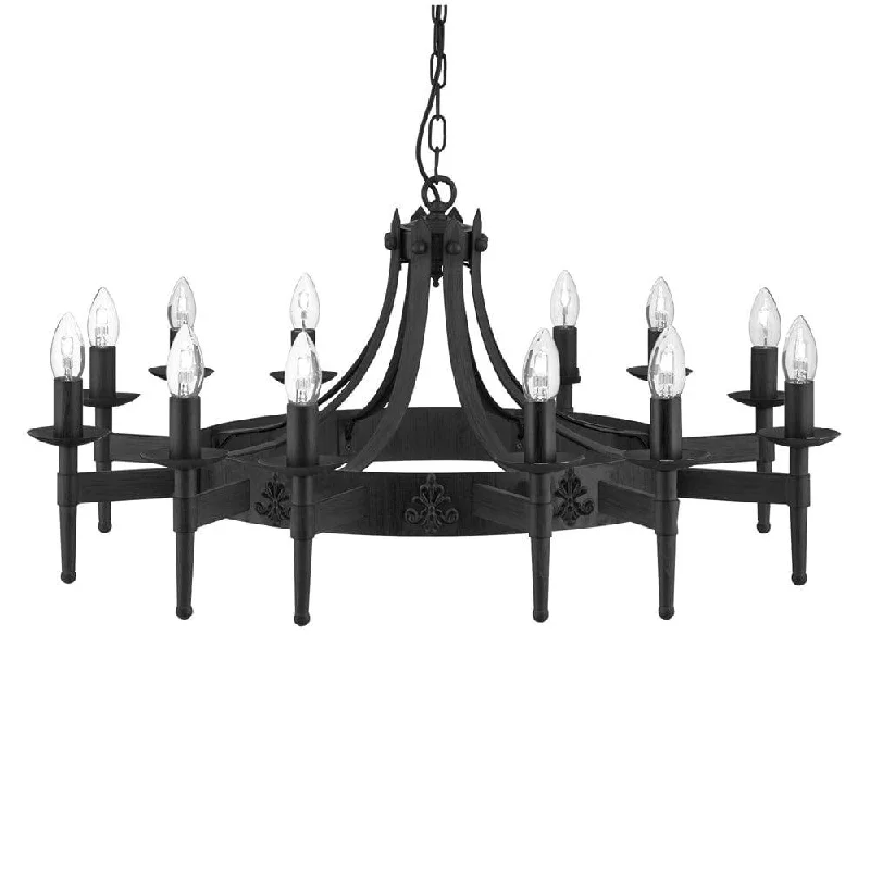 Chandeliers with Metal Frames in Black FinishCartwheel II 12 Light Black Wrought Iron Chandelier