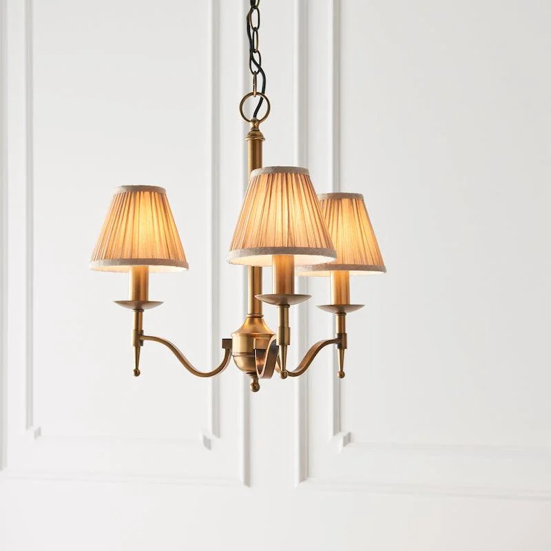 Mini Chandeliers for Adding Charm to Small SpacesStanford 3 Light Antique Brass Chandelier - Beige Shades