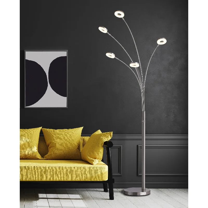 Bohemian Inspired Floor Lamp for Eclectic Home DecorSuper Bright LED 5-Arched Floor Lamp with Dimmer, 73"H, Satin Nickel - 73