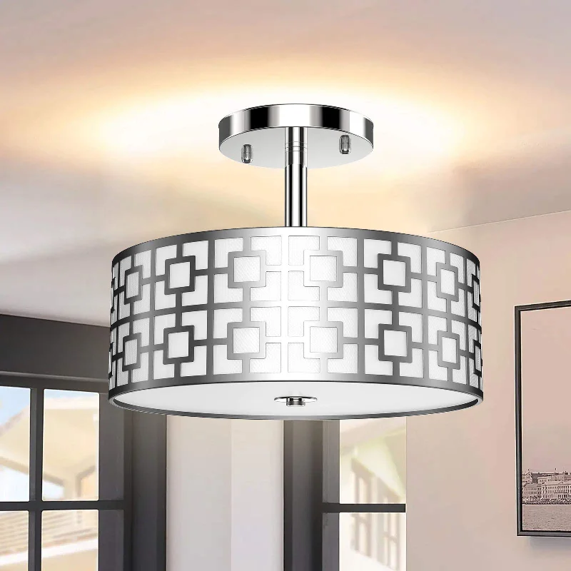 Victorian - Inspired Ceiling Lights with Ornate Crystal ChandeliersDLLT Stylish Semi Flush Mount Ceiling Lights, Iron Round Drum Cover Pendant lamp, Chandelier Lighting with 3 Bulb Socket in Chrome Finish for Bedroom Hallway Kitchen Entry Foyer Living Dining Room