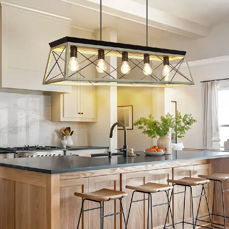 Retro Ceiling Lights Inspired by the 1950s and 1960s DesignDepuley 5-Light Industrial Kitchen Island Pendant Light Fixture, Farmhouse Metal Chandelier Lighting Fixture Ceiling Hanging with Oak White Frame