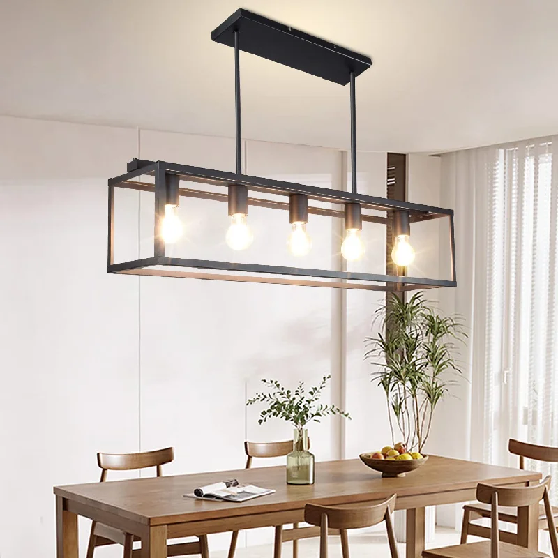 Mediterranean - Style Ceiling Lights with Terra - Cotta and Ceramic DetailsDepuley 5-Light Matte Black Farmhouse Linear Light Fixture Chandelier, Vintage Kitchen Island Light Fixtures, Rectangular Metal Cage Table Pendant Lighting for Dining Room, Kitchen, Breakfast Bar, Cafe (5x 6W Bulbs Included)