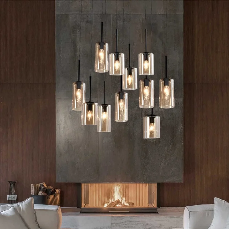 Art Deco Ceiling Lights with Geometric Patterns and Metallic FinishesAlison 11 Light Chandelier Black and Amber Glass