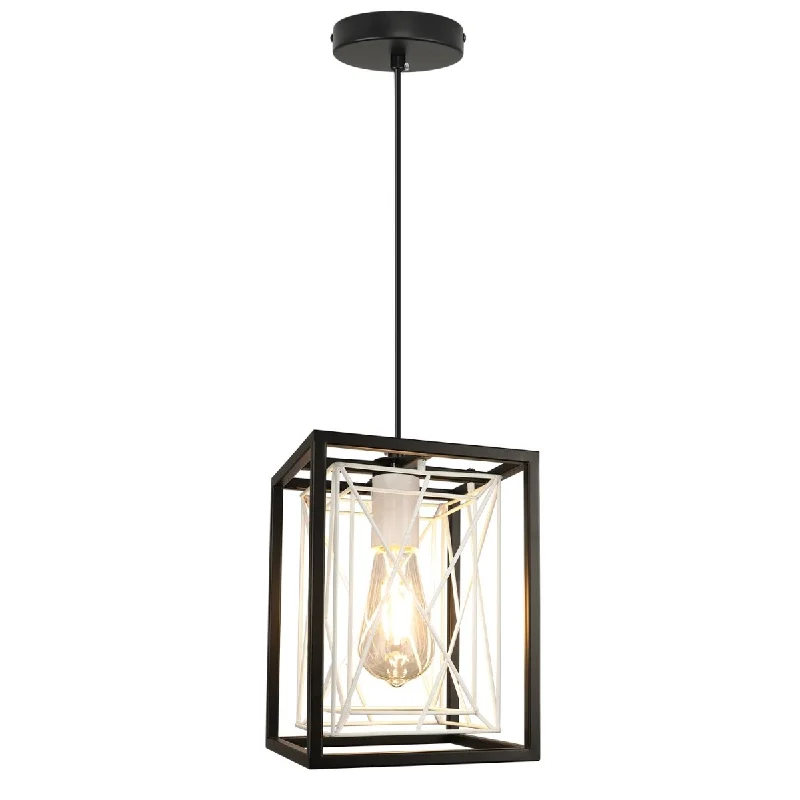 Bohemian Ceiling Lights with Beads, Tassels, and Colorful GlassFarmhouse Pendant Light, Adjustable Hanging Light Fixtures with Metal Rectangle Cage, 1-Light Lantern Chandelier for Kitchen Island Dining Room Hallway Entryway, Black and White, E26 Base