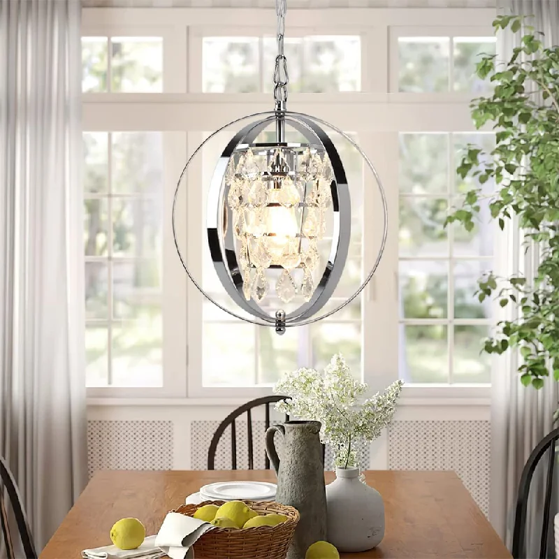 Retro Ceiling Lights Inspired by the 1950s and 1960s DesignDLLT Modern Globe Crystal Chandelier Light Fixture, Industrial Adjustable Flush Mount Ceiling Pendant Lamp Hanging with Metal Frame, for Kitchen Living Room Hallway Bedroom, Chrome Finish